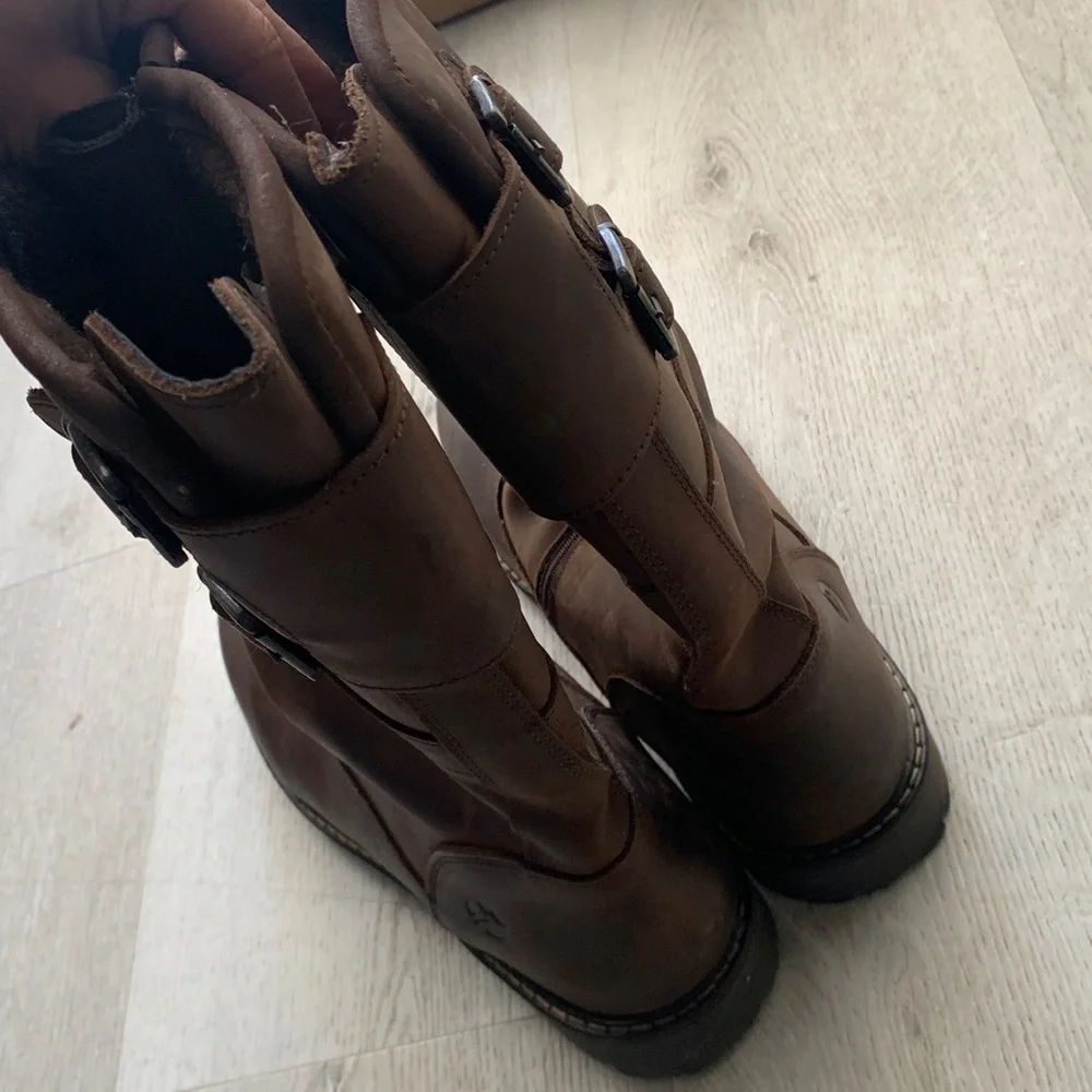 Traveling brown leather boots size 46 moto distressed‎ zipper buckle work farm